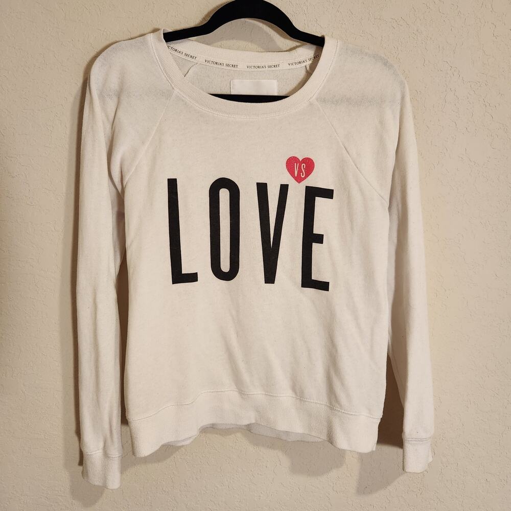 Victoria's Secret White Fleece Sweater - Love VS Glitter Heart - Small